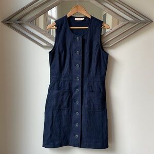 Tory Burch Linen Shift Mini Dress Navy Blue Sleeveless Button Front size 8